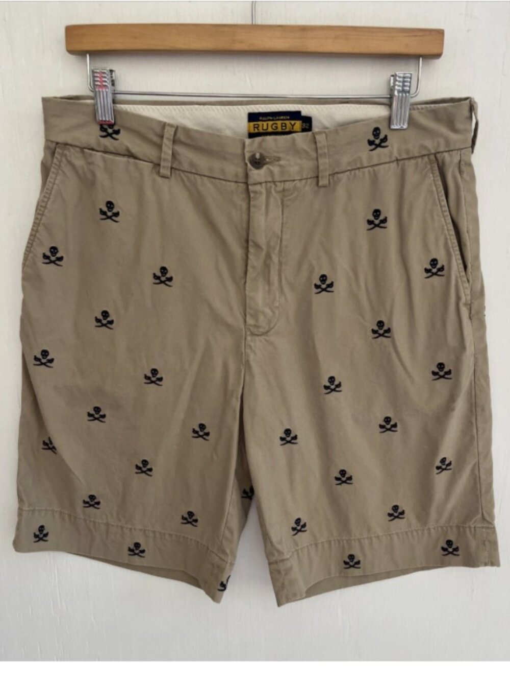 RALPH LAUREN RUGBY Vintage Tan Embroidered Skull Chino Shorts Size 32